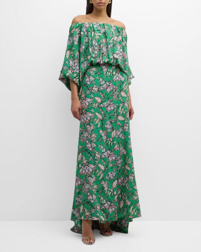 Shop A.l.c Natalia Printed Off-the-shoulder Maxi Dress In Bright Green Mult