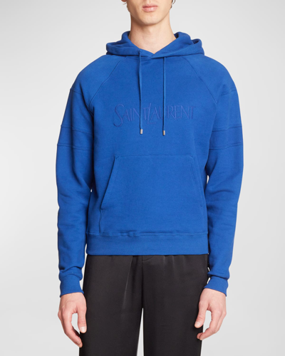 Shop Saint Laurent Men's Colorblock Logo Hoodie In Blue