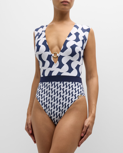 Shop Lise Charmel Geometric Printed Wireless One-piece Swimsuit In Nc/navy Croisiere