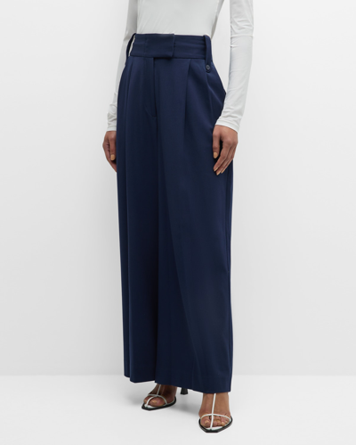 Shop Staud Ruth Wide-leg Pleated Pants In Navy