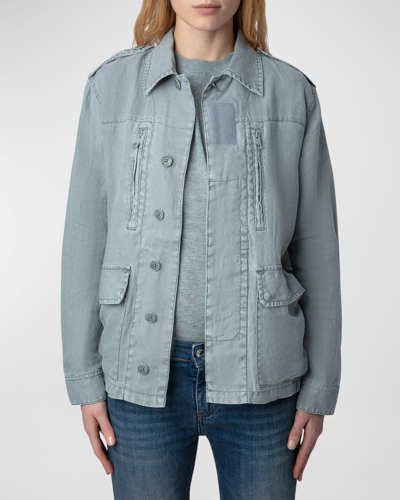 Shop Zadig & Voltaire Kid Linen Skull Wings Jacket In Glacier