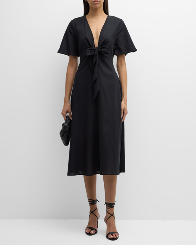 Shop Harshman Fiorella Tie-front Flutter-sleeve Midi Dress In Black