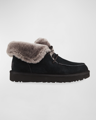 Ugg Diara Suede Lace-up Booties W/ Shearling Cuff In Black