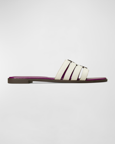 Shop Tory Burch Ines Caged Leather Flat Slide Sandals In Blanc Violet Wav