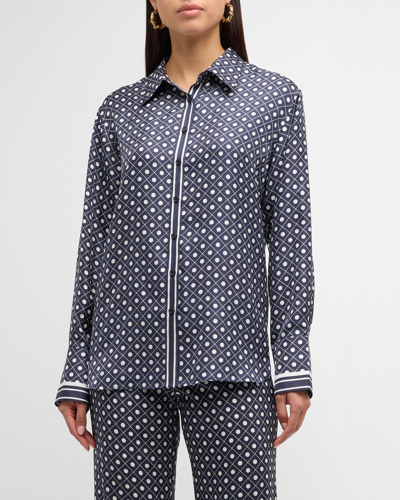 Shop La Ligne Lee Multi-pattern Button-front Silk Shirt In Navyivory