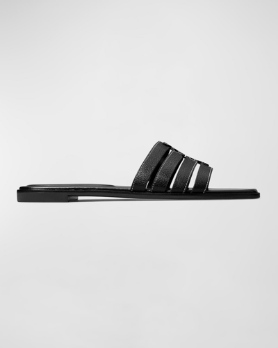 Shop Tory Burch Ines Caged Leather Flat Slide Sandals In Perfect Black Pe