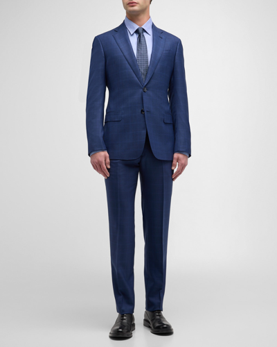 Shop Giorgio Armani Men's Wool-silk Windowpane Suit In Dark Blue