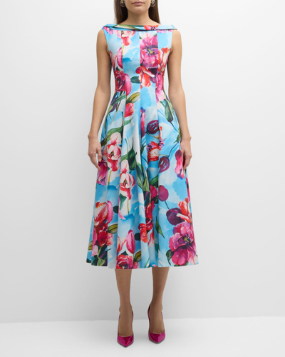 Shop Talbot Runhof Tulip-print High-neck Cotton Pique Midi Dress In Turquoise