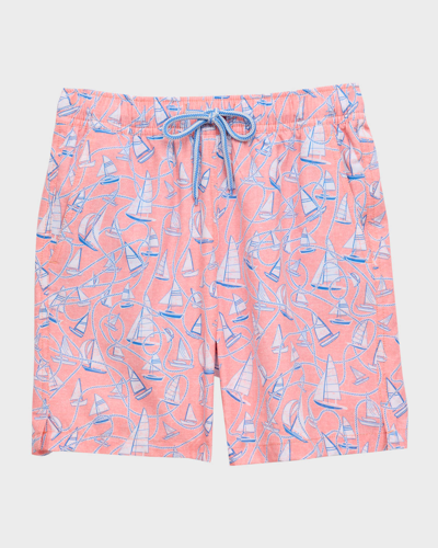 Shop Peter Millar Boy's Boats & Ropes Printed Swim Trunks In Peach Bloom