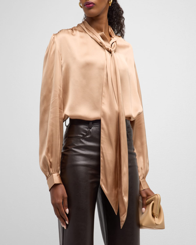 Shop Frame Tie-neck Long Sleeve Silk Blouse In Blush