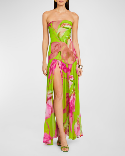 Shop Retroféte Marisol Strapless Floral Silk Slit Dress In Lime Anthurium