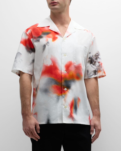 Shop Alexander Mcqueen Men's Obscured Flower Camp Shirt In Blanc