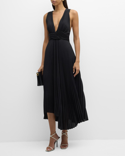 Shop A.l.c Everly Pleated Plunge-neck Midi Dress In Black