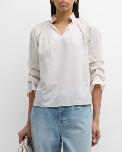 Shop Harshman Kieran Ruched-sleeve Cotton Blouse In Ivory