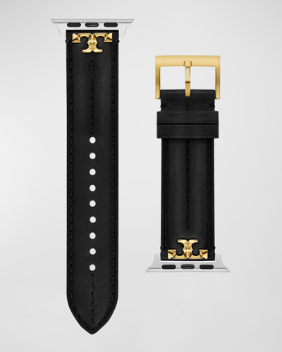 Shop Tory Burch Kira Leather Apple Watch Band In Black
