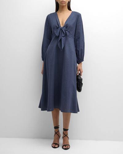 Shop Harshman Novella Tie-front Cotton-linen Midi Dress In Dark Indigo