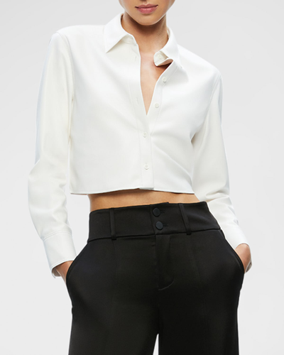 Shop Alice And Olivia Leon Cropped Vegan Leather Button-front Shirt In Off White