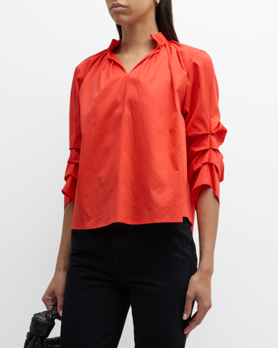 Shop Harshman Kieran Ruched-sleeve Cotton Blouse In Poppy Red