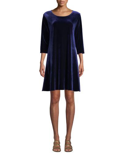 Shop Caroline Rose Round-neck 3/4-sleeve A-line Stretch-velvet Dress In Black