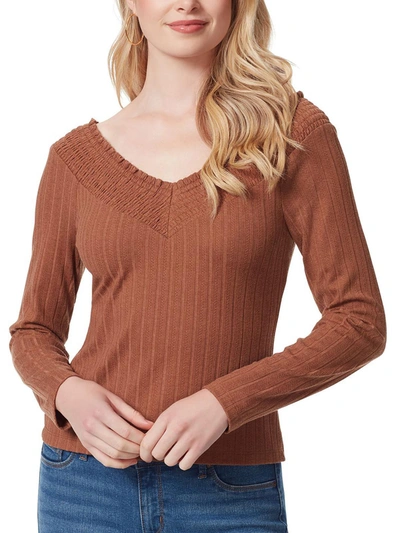 Shop Jessica Simpson Myra Womens Smocked V Neck Blouse In Brown