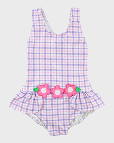 Shop Florence Eiseman Girl's Plaid-print Swimsuit W/ Flowers In Pink/white