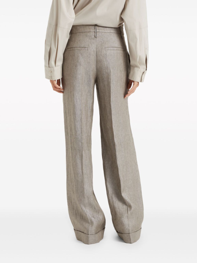 Shop Brunello Cucinelli Linen Flared Trousers In Brown