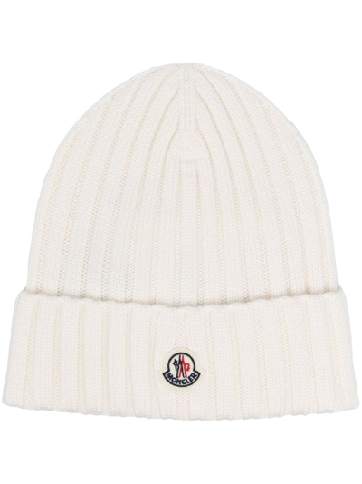 Shop Moncler Logo Wool Beanie In White