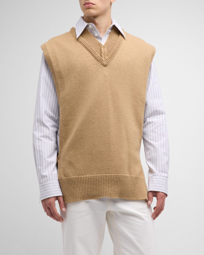 Shop Maison Margiela Men's V-neck Sweater Vest In Beige