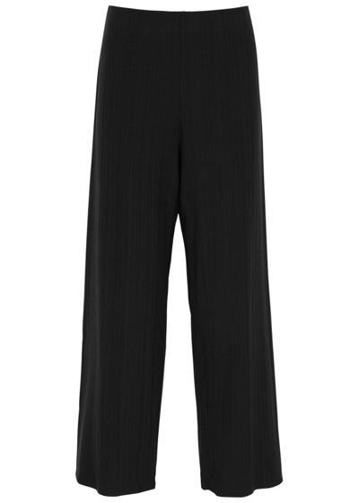 Shop Eileen Fisher Ribbed Wide-leg Stretch-jersey Trousers In Black