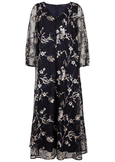 Shop Marina Rinaldi Ruth Floral-embellished Tulle Midi Dress In Black