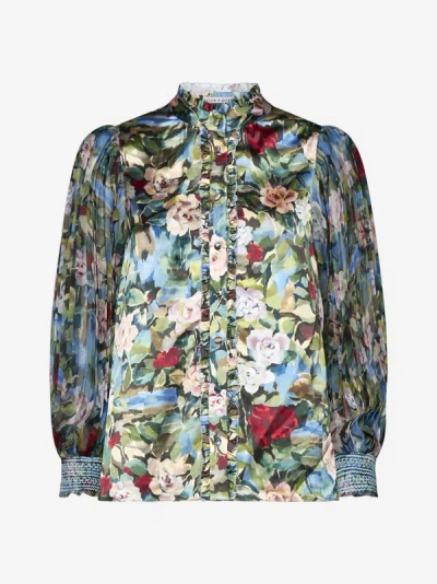 Shop Alice And Olivia Ilan Print Satin Shirt In Breeze Floral