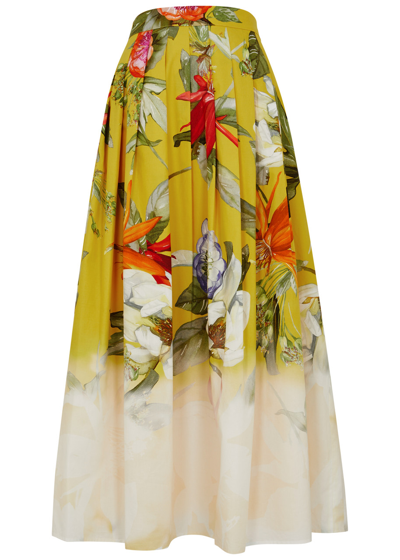 Shop Marina Rinaldi Abaco Floral-print Cotton-poplin Midi Skirt In Yellow