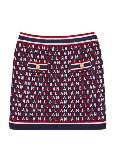 Shop Balmain Kids Logo-intarsia Knitted Skirt (6 And 10 Years) In Navy