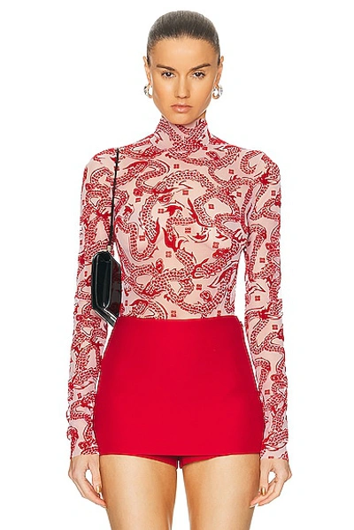 Shop Givenchy Jacquard Turtleneck Bodysuit Top In Pink & Red