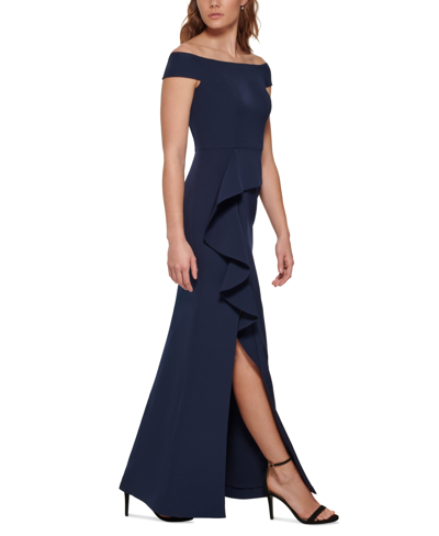 Shop Vince Camuto Women's Off-the-shoulder Draped Column Gown In Navy
