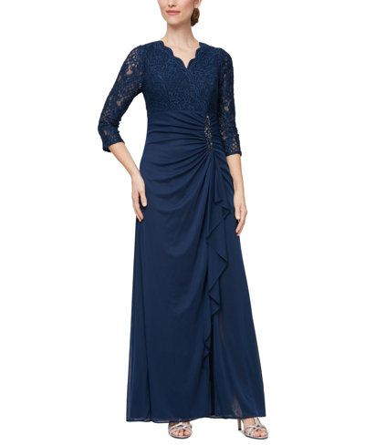 Shop Alex Evenings Women's Lace-bodice Cascade-ruffle Gown In Navy