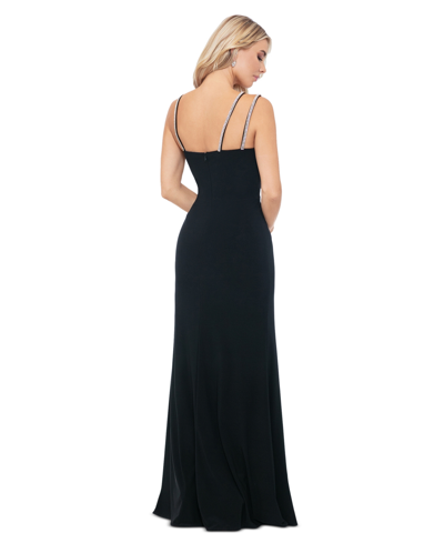 Shop Xscape Women's Asymmetric Rhinestone-strap High-slit Gown In Black