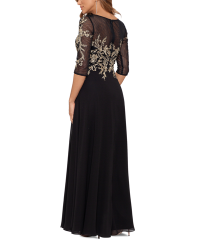 Betsy & Adam Petite Floral-embroidered Mesh Gown In Navy,rose
