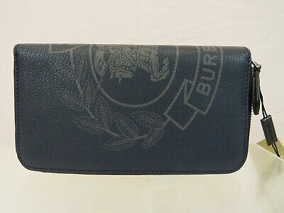 Pre-owned Burberry 8005979 Storm Blue Leather Crest Logo Zip Continental Wallet $640