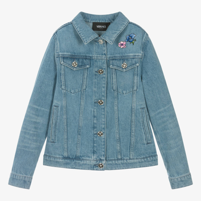Shop Versace Teen Girls Blue Blossom Denim Jacket