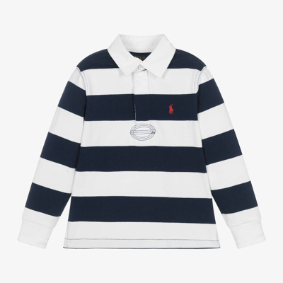 Shop Ralph Lauren Boys Navy Blue Stripe Cotton Rugby Shirt