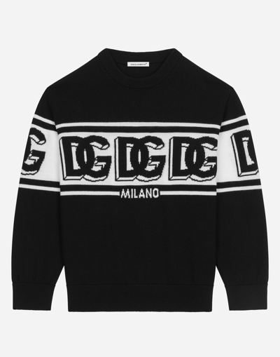 Dolce & Gabbana Black Crewneck Sweater With Dg Motif In Wool Blend Man
