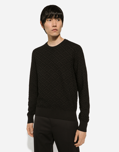 Dolce & Gabbana Men Black Sweater With Tonal Signature Logo In Silk Man In Black