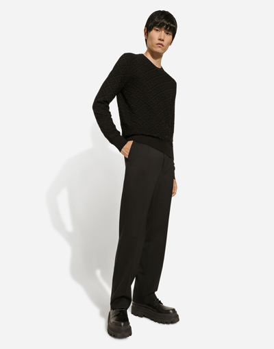 Dolce & Gabbana Men Black Sweater With Tonal Signature Logo In Silk Man In Black