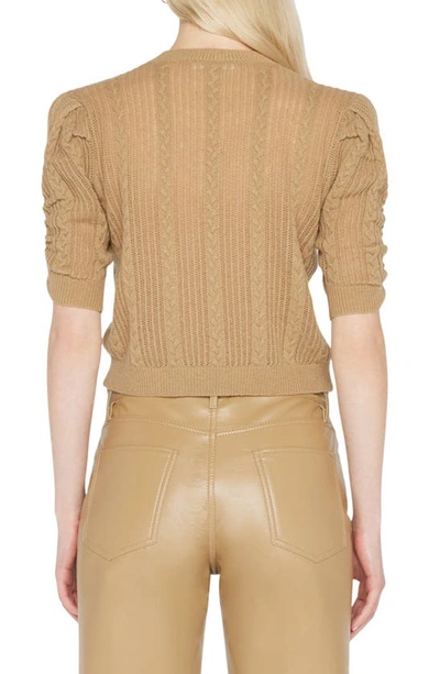 Shop Frame Ruched Crop Short Sleeve Recycled Cashmere & Wool Sweater In Light Camel