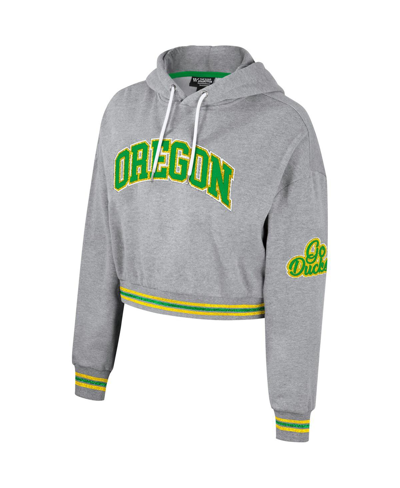 The Wild Collective Women's  Heather Gray Distressed Oregon Ducks Cropped Shimmer Pullover Hoodie In Heather Gray