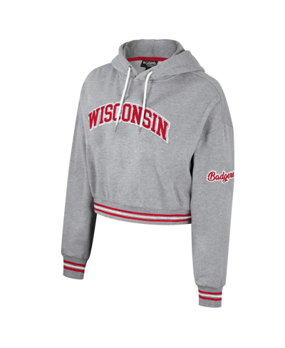 The Wild Collective Heather Gray Wisconsin Badgers Cropped Shimmer Pullover Hoodie In Heather Gray