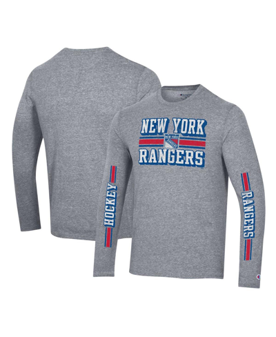Shop Champion Men's  Heather Gray Distressed New York Rangers Tri-blend Dual-stripe Long Sleeve T-shirt
