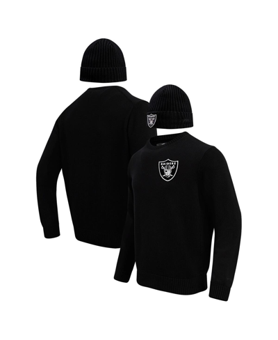 Shop Pro Standard Men's  Black Las Vegas Raiders Crewneck Pullover Sweater And Cuffed Knit Hat Box Gift Se