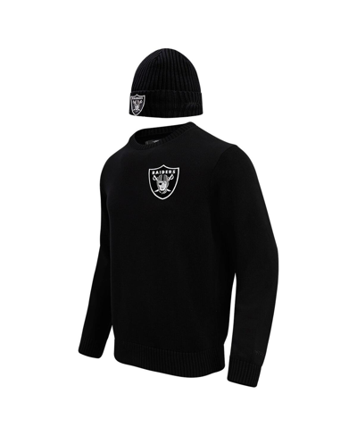 Shop Pro Standard Men's  Black Las Vegas Raiders Crewneck Pullover Sweater And Cuffed Knit Hat Box Gift Se